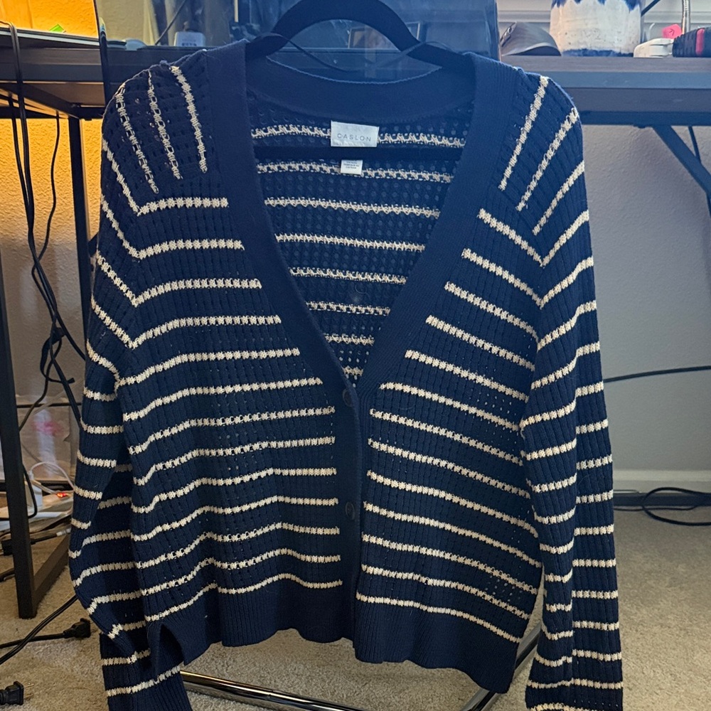 Elegant Navy and Cream Striped Cardigan